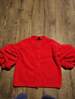 Elena Wang Red Bubble Sweater Puffy Sleeve Small  Women Warm Winter Soft